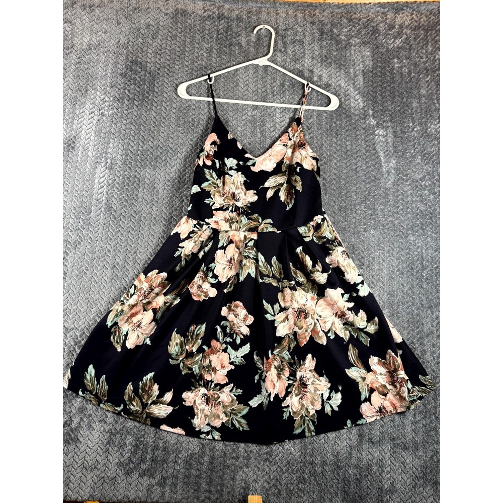 Soprano Fit & Flare Mini Dress Womens L Black Floral Sleeveless Spaghetti Strap